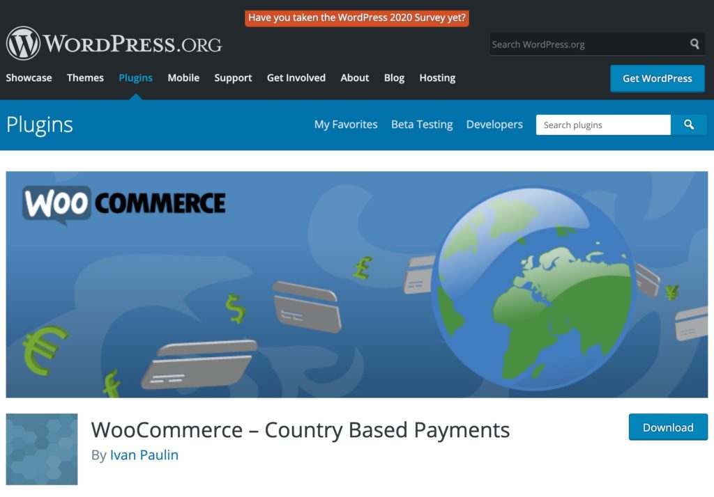 The WooCommerce Country Based Payments Plugin page on WordPress.org