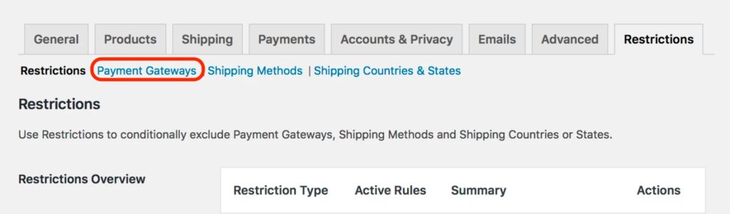 WooCommerce Shipping and Payments Plugin Payment Gateways Tab