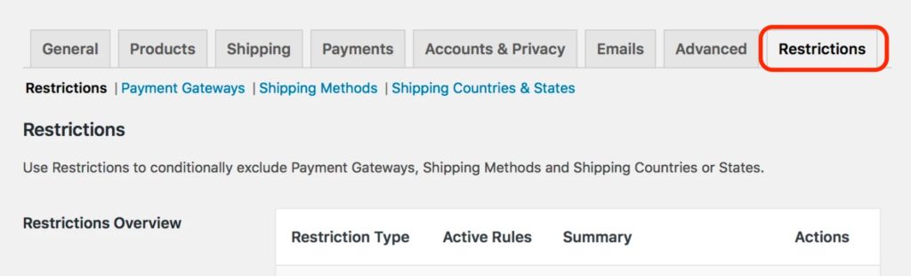 WooCommerce Shipping and Payments Plugin Restrictions Tab