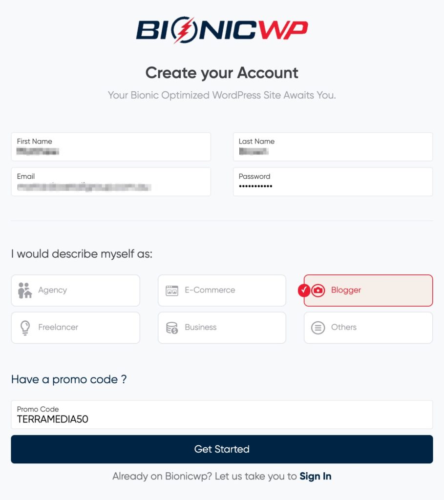 BionicWP Sign Up Form Completed