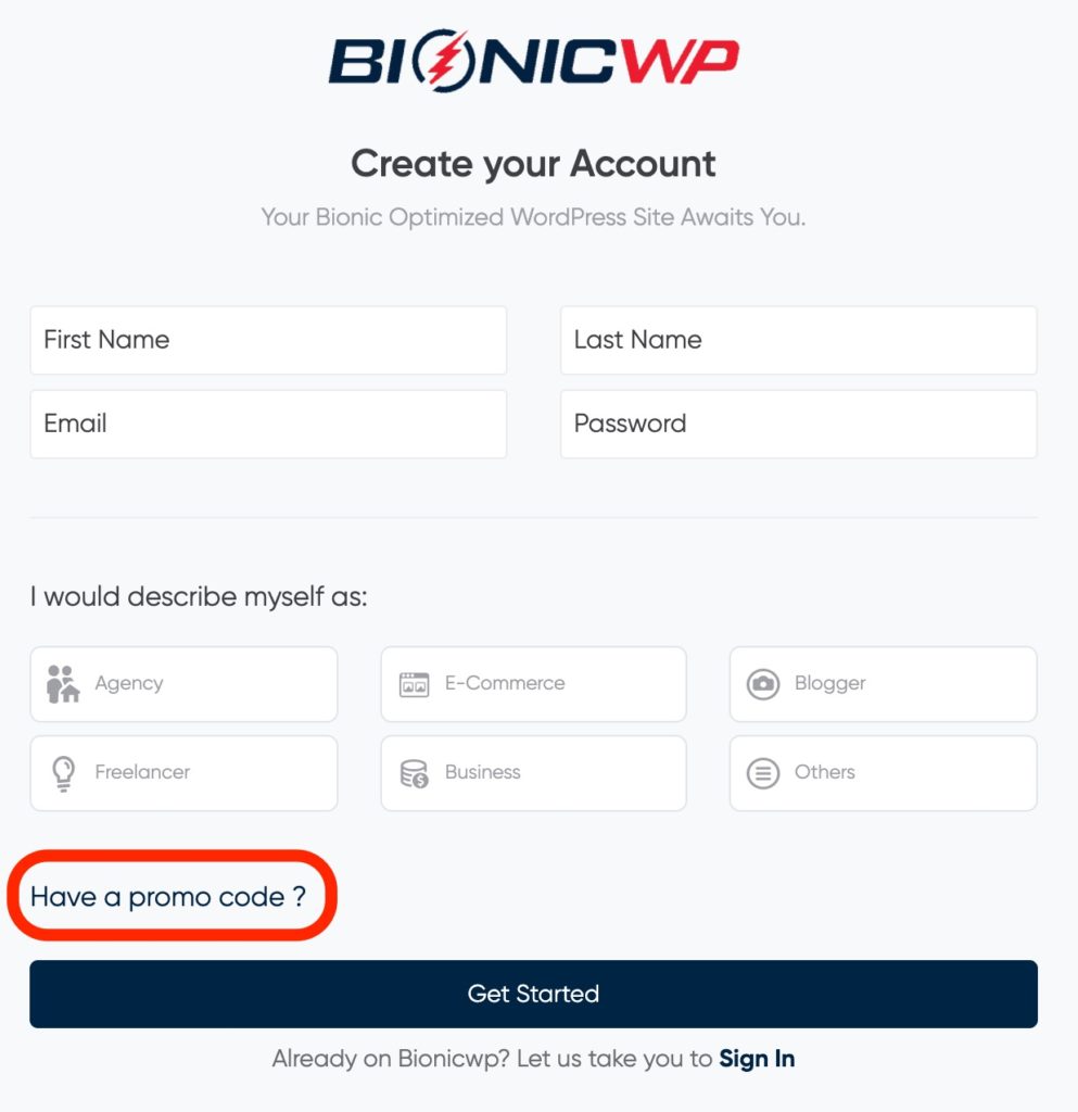 BionicWP Sign Up Screen